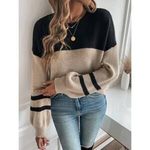 SHEIN Women's Beige/Black Color Block Crew Neck Sweater Size Large